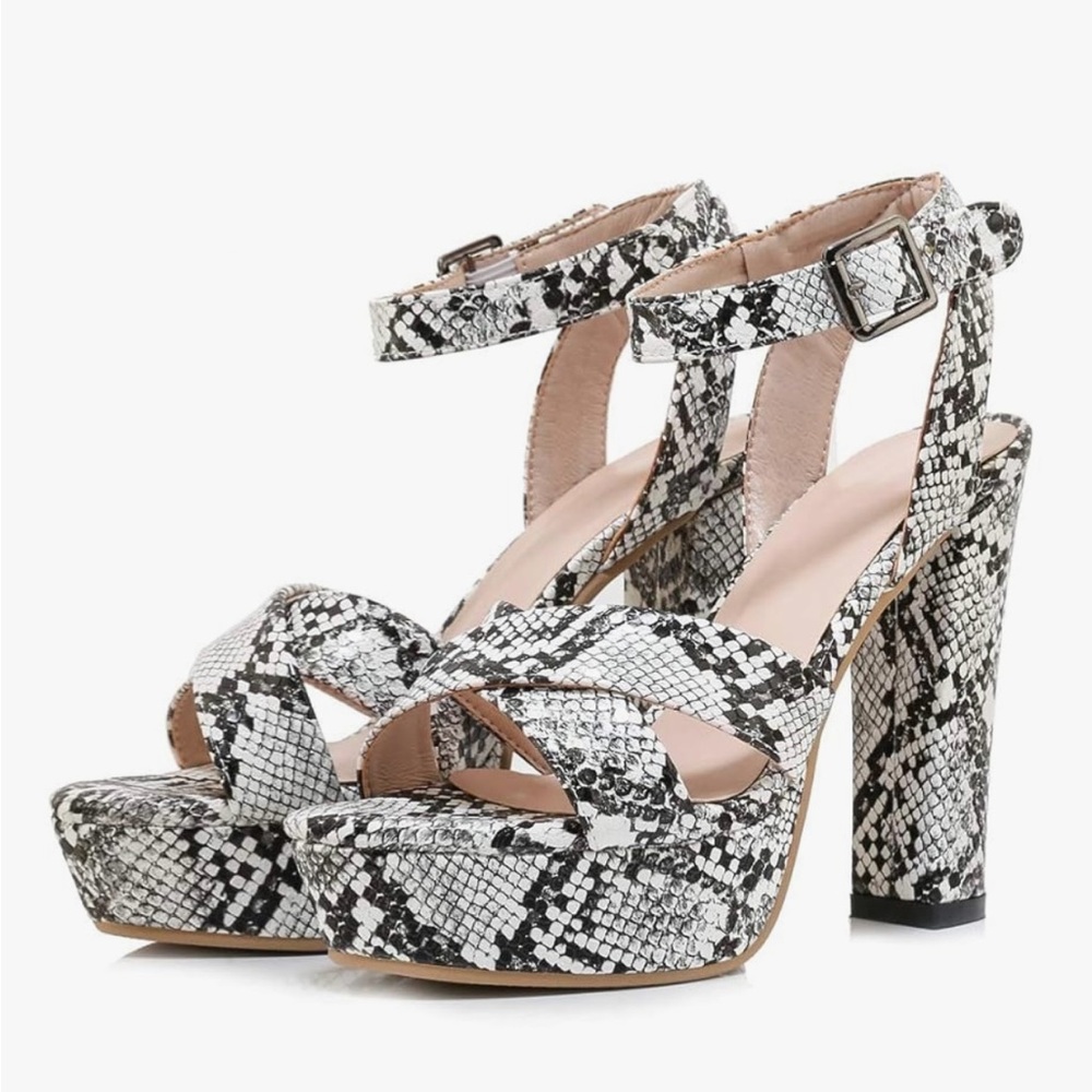 Qupid Snakeskin Block Heel Sandals